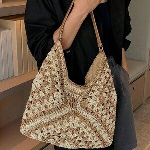 Vintage Woven Straw Crochet Bucket Shoulder Bag